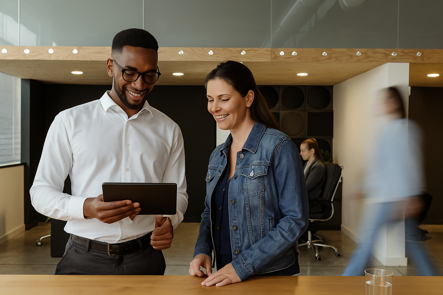 Two people reviewing documents
